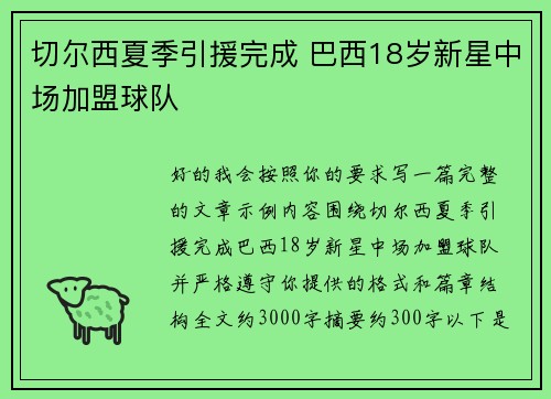 切尔西夏季引援完成 巴西18岁新星中场加盟球队