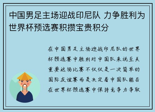 中国男足主场迎战印尼队 力争胜利为世界杯预选赛积攒宝贵积分