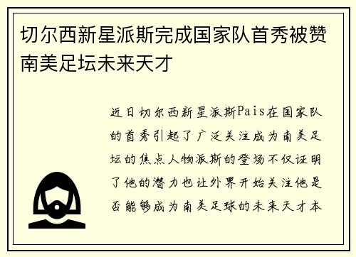 切尔西新星派斯完成国家队首秀被赞南美足坛未来天才