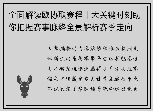 全面解读欧协联赛程十大关键时刻助你把握赛事脉络全景解析赛季走向